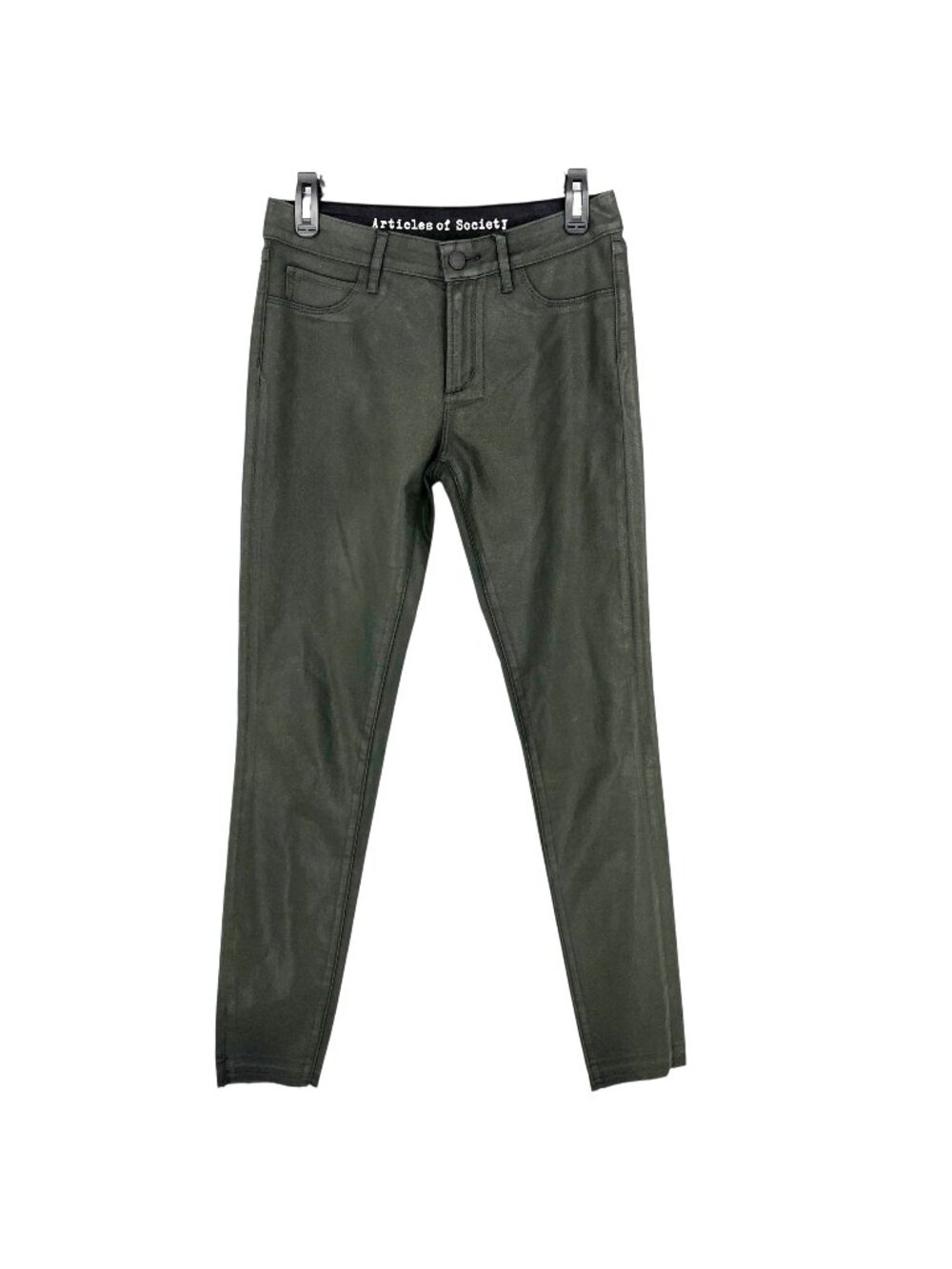 Articles Of Society Sarah Edgy Raw Hem Waxed Skinny Jeans Dark Olive Size 27